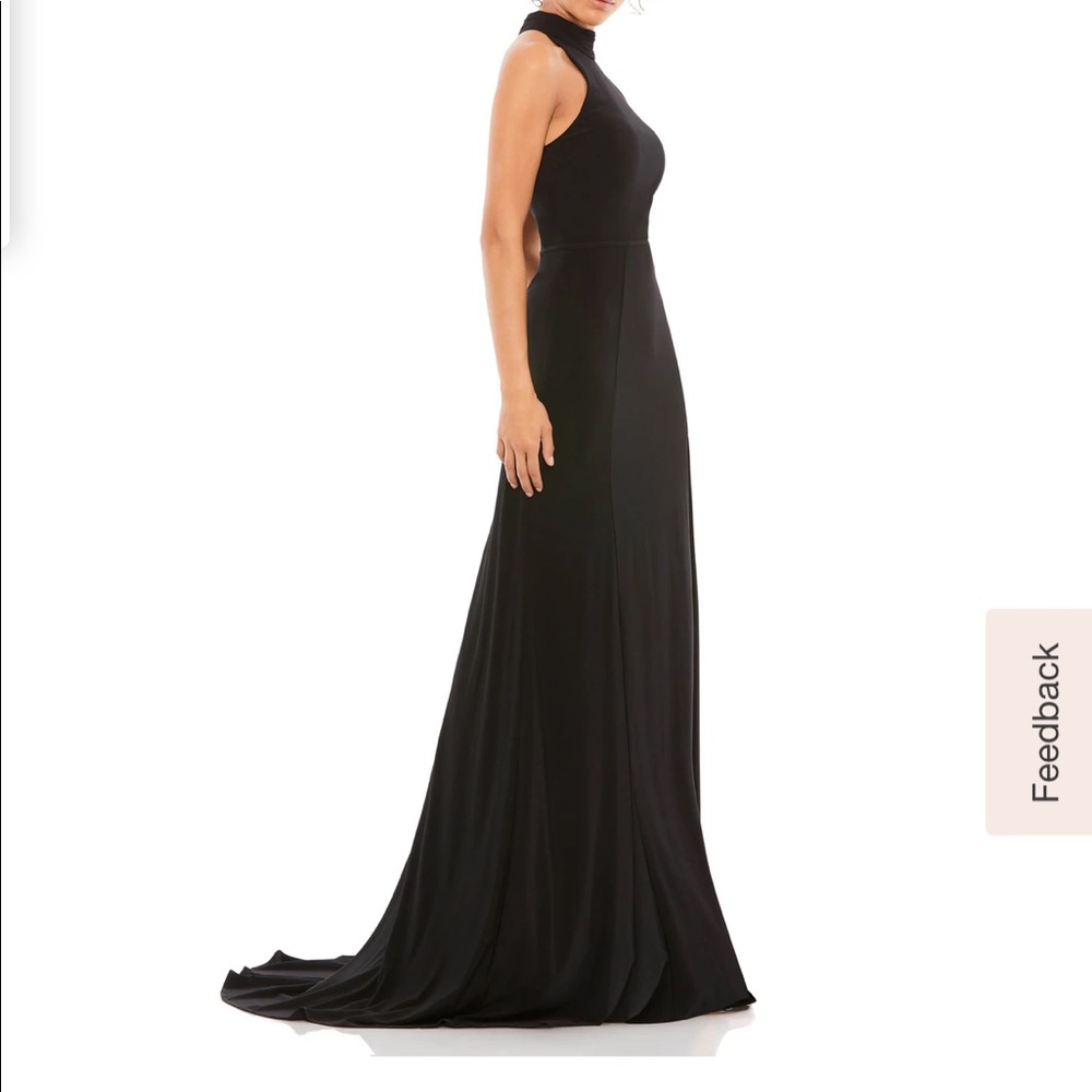 Mac Duggal  High Neck Teardrop Cutout Back Jersey Gown